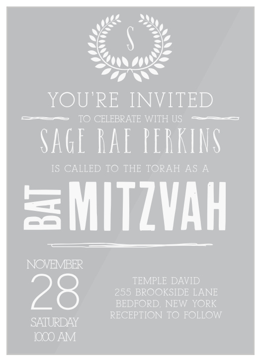 Make your child’s big day one to remember with our Laurel Chalkboard Clear Bat Mitzvah Invitations.
