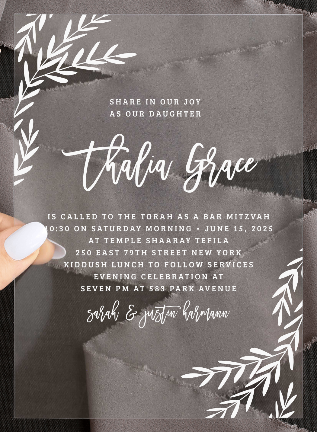 Elegant Vineyard Clear Bat Mitzvah Invitations