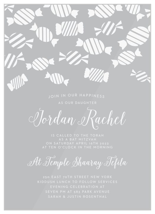 The sweet look of our Candy Party Clear Bat Mitzvah Invitations is sure to gather family and friends for your daughter's coming-of-age ceremony.
