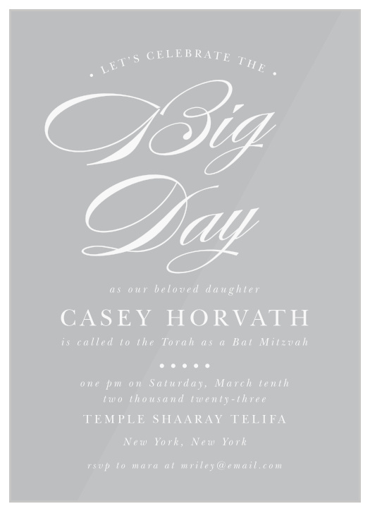 Request the attendance of cherished family and friends to your child's coming-of-age ceremony with our Big Day Clear Bat Mitzvah Invitations.