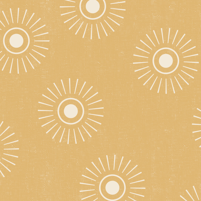 This design features circular sun designs scattered over a textured, bold-colored background.