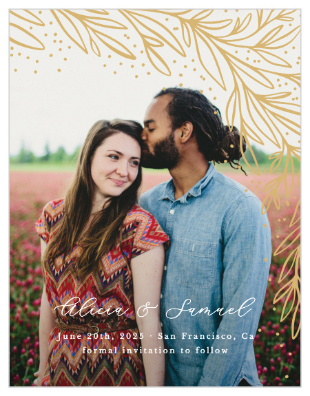 The modern look of our Draped Leaves Save the Date Magnets is sure to have family and friends marking their calendars for your wedding.