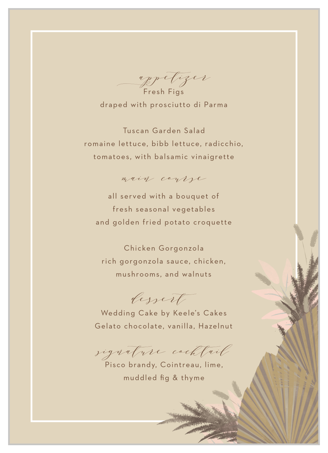 Dried Foliage Wedding Menus