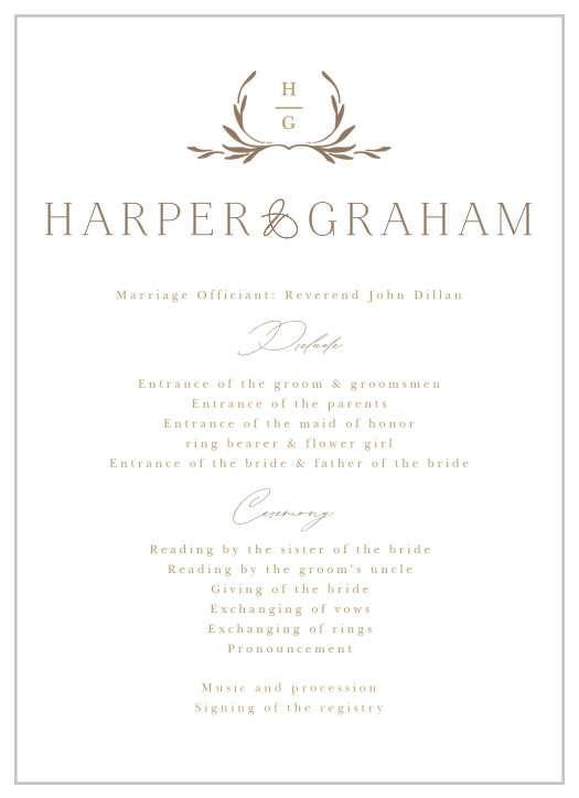 Walk family and friends through every step of your ceremony with our Monogrammed Minimalist Wedding Programs. 