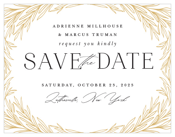 Make sure family and friends mark their calendars for your special day with our Leafy Laurel Save the Date Cards.