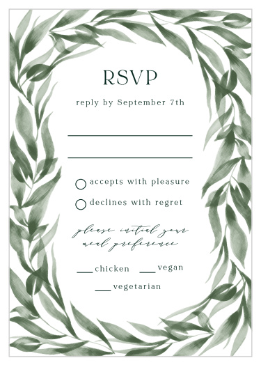 Our Verdant Vine Response Cards help you make a list of family and friends that plan to attend your wedding.