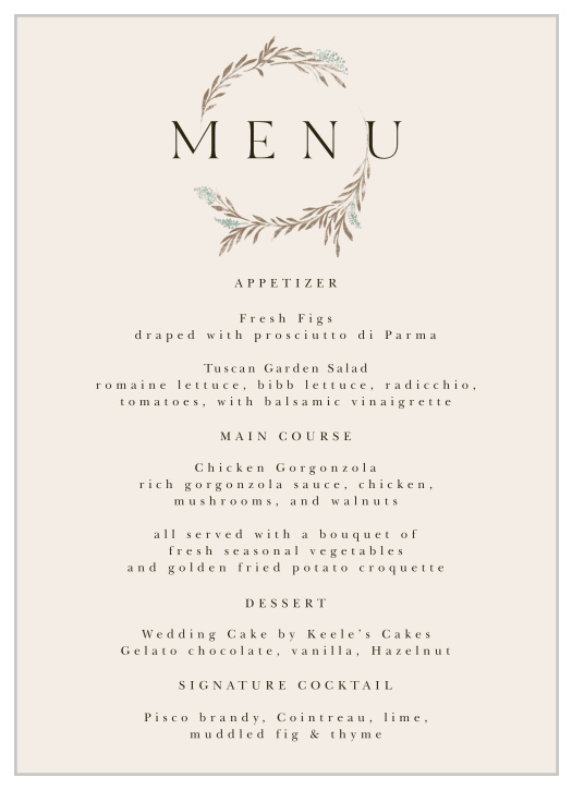 Describe each delicious dish that will be served at your wedding with our Hidden Garden Wedding Menus. 