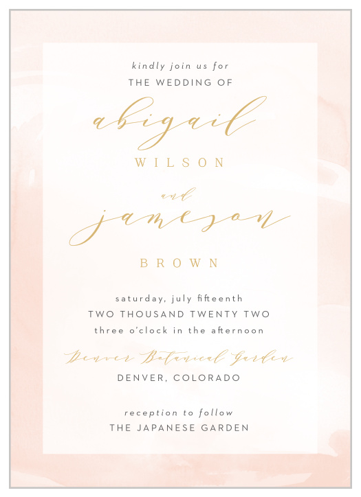 This is an invite worth talking about! Our Modern Wash Wedding Invitations features a textured background with your heading in gold foil and all your ceremony options on top of a white background.