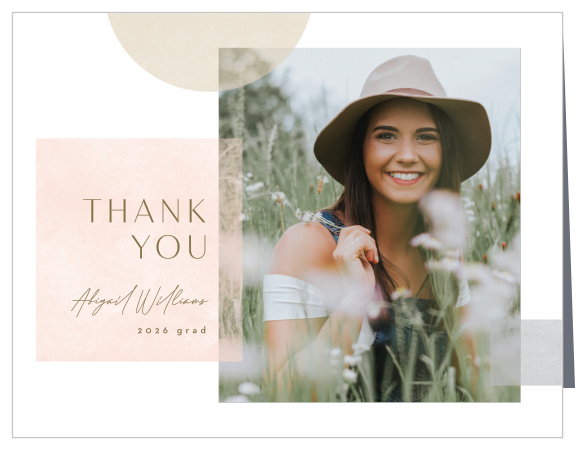 Share gratitude for the support of loved ones when you send out our Shape Overlay Graduation Thank You Cards.