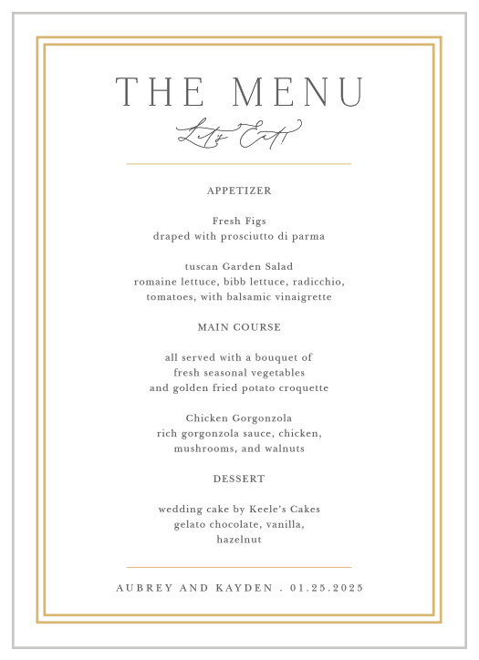 Describe each dish that will be served at your reception with our Alluring Aubrey Wedding Menus.