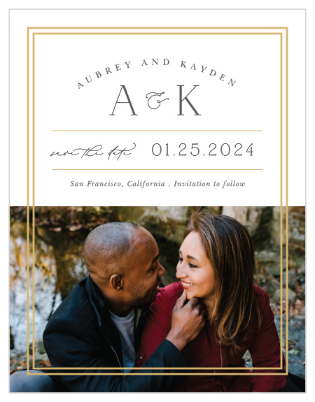 Share the news of your recent engagement with loved ones when you send out our Alluring Aubrey Save the Date Magnets. 