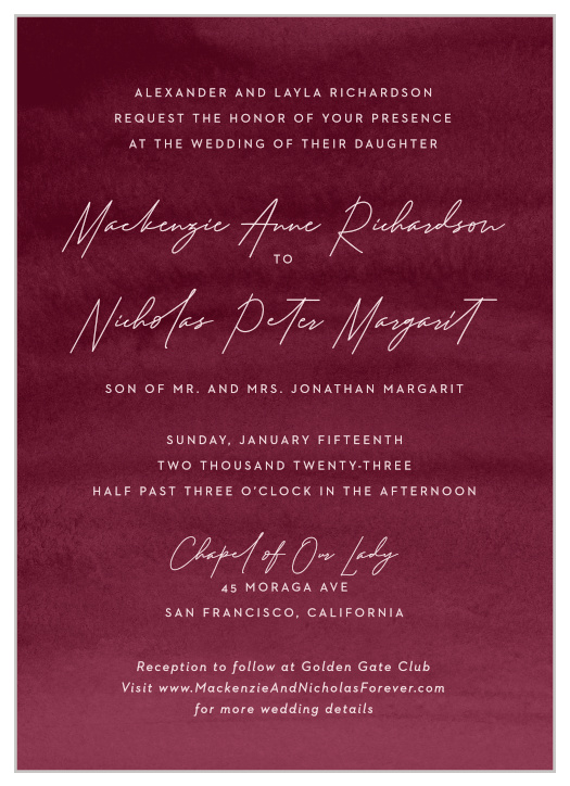 Surround yourself with family and friends on your big day with our stylish burgundy Watercolor Mood Wedding Invitations.