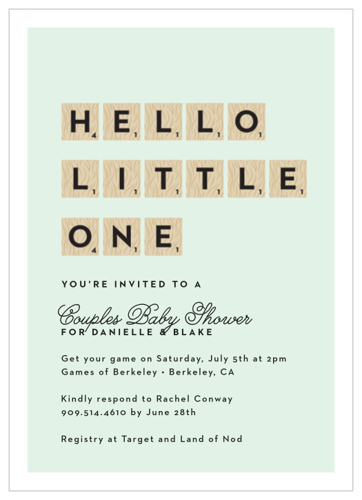 Invite the whole gang to an awesome game night in honor of the mom-to-be! This card doubles as a bingo/present card! Customize the colors fonts and personalize it instantly online! 