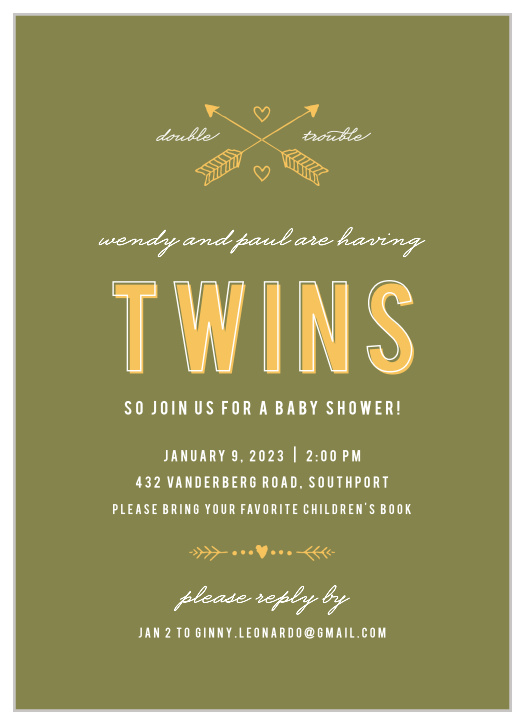 Double Yay for Twins!! Our Twin Arrows Baby Shower Invitations have sweetly illustrated arrows and all your text in the center. 