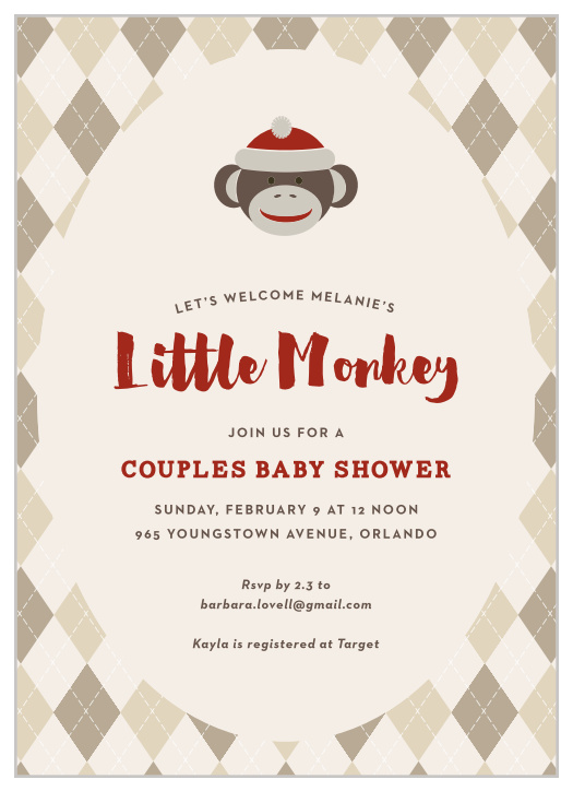 Customize the colors and fonts in this sock monkey style baby shower invitation! Personalize it and see your changes instantly as you go! Have some fun creating your invitation one of a kind!