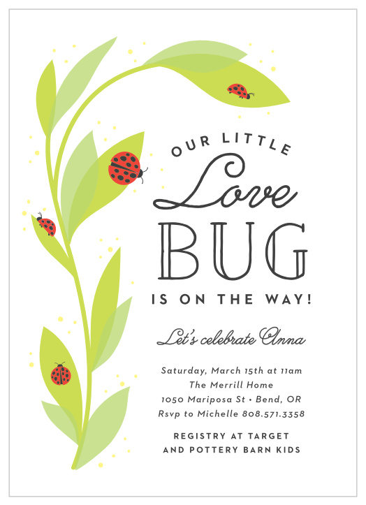 Customize this adorable ladybug to your specification to celebrate your new arrival. This magical A Little One Baby Shower Invitation has an adorable ladybug illustration with a playful script font.