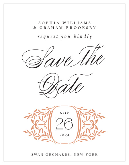 Announce the news of your upcoming wedding with family and friends when you send out our Fancy Filigree Save the Date Magnets. 