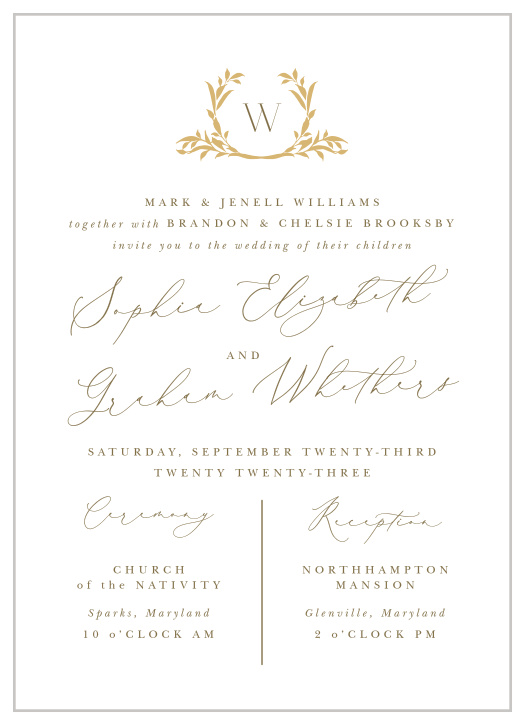 Your guests will be thrilled to celebrate with you when you send our classically elegant Golden Crest Wedding Invitations.