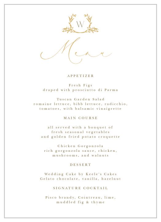 Let your guests know all about the delicious meals that will be served at your reception with the elegant calligraphy and timeless typography of our Golden Crest Wedding Menus. 