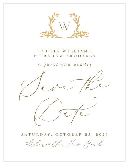 Announce your upcoming wedding with the elegant calligraphy, timeless typography, and gilded crest of our stylish Golden Crest Save the Date Cards.