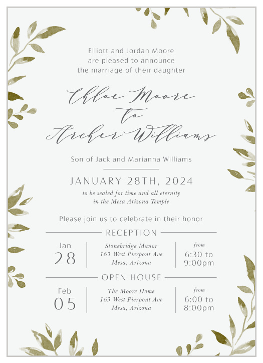 Bring family and friends together for your special day when you send out our Evergreen Leaves LDS Wedding Invitations. 