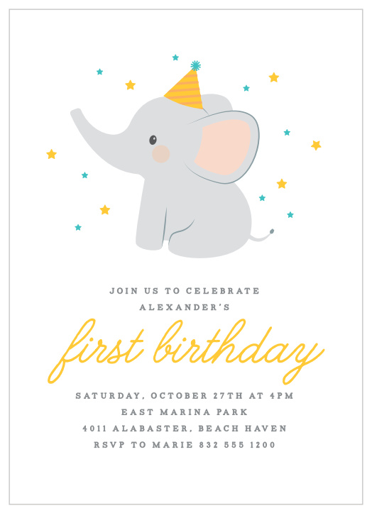 Look no further than our Party Elephant First Birthday Invitations for an absolutely adorable party-animal design!
