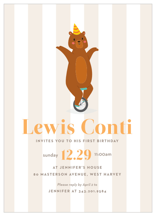 Bring your favorite people together to celebrate your child's special day with our Bear Unicycle First Birthday Invitations.