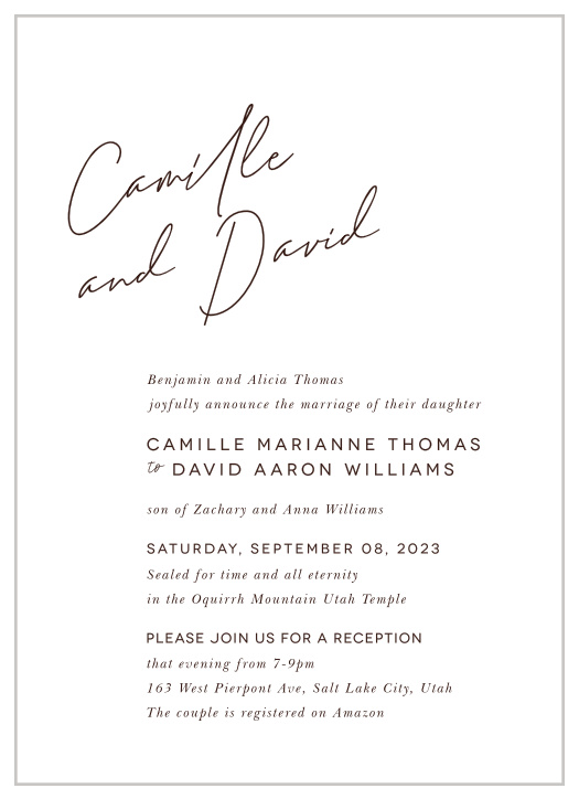 Our Names in Script LDS Wedding Invitations bring family and friends together for your special day.
