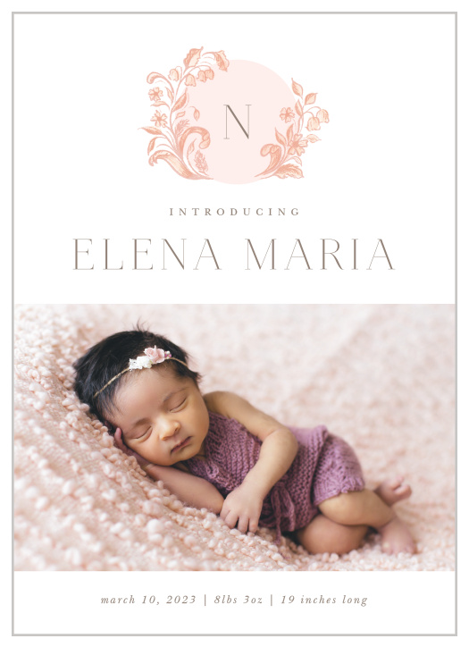 Share the news of your little one with family and friends with the delicately painted flowers and classic typography of our Antique Monogrammed Birth Announcements.