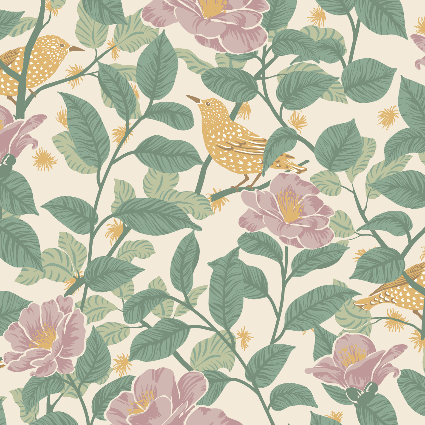 Starlings & Camellias Wallpaper