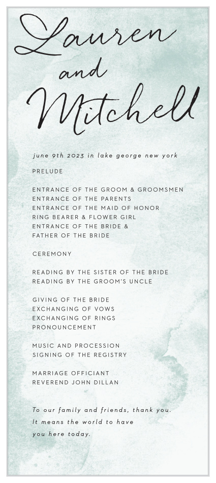Walk family and friends through your special day with our Watercolor Wash Tea Wedding Programs. 