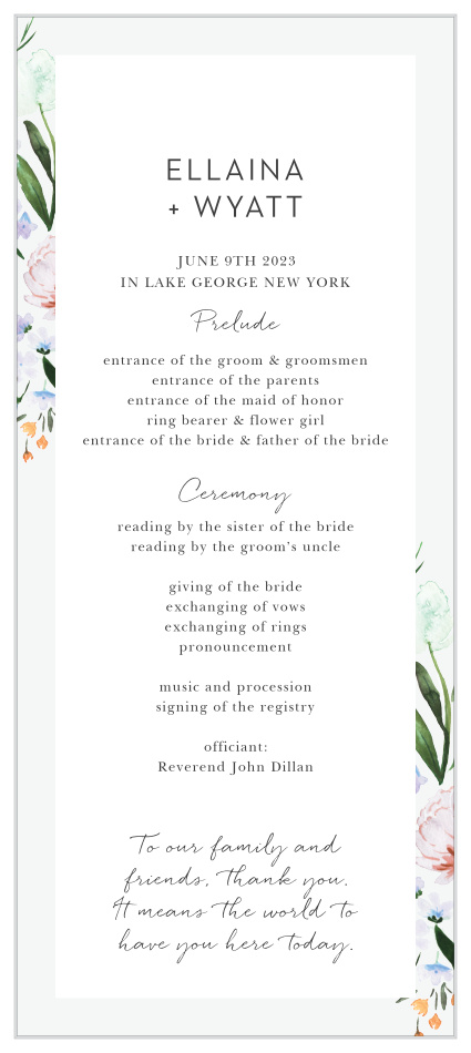Set the stage for your perfect day with our Floral Cascade Tea Wedding Program.