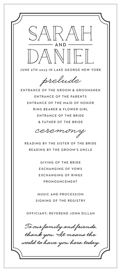 Let family and friends know of every step of your ceremony with our Type Frame Tea Wedding Programs. 