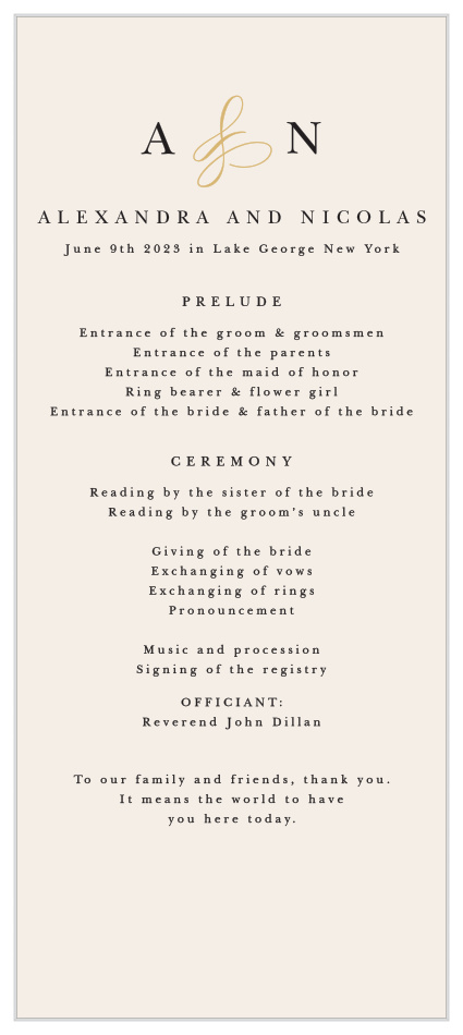 Make sure your family and friends stay up-to-date throughout your ceremony with our Modern Monogram Tea Wedding Programs.