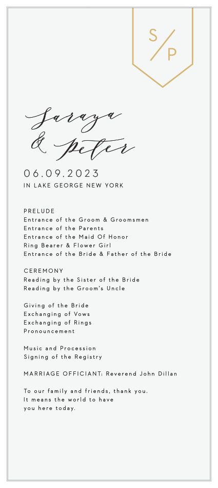 Help your guests follow along with each special moment in your wedding ceremony, using our beautifully simple Minimalist Pennant Tea Wedding Programs.