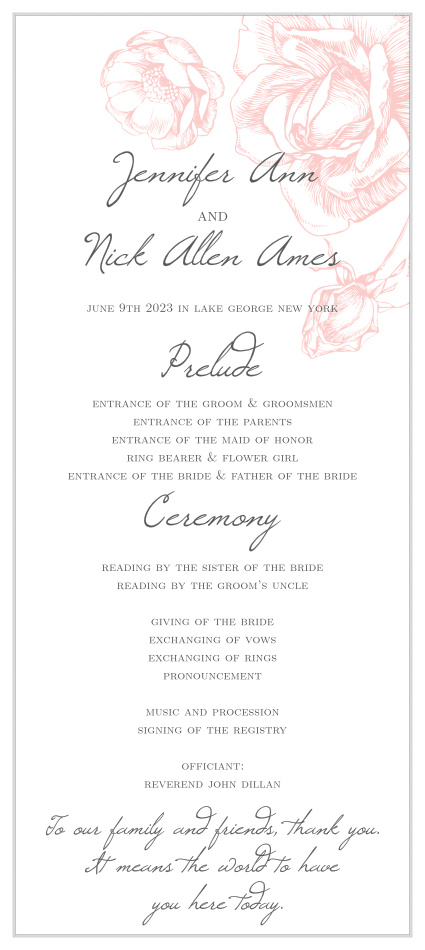 Be sure family and friends know every step of your ceremony with our Illustrated Rose Tea Wedding Programs.