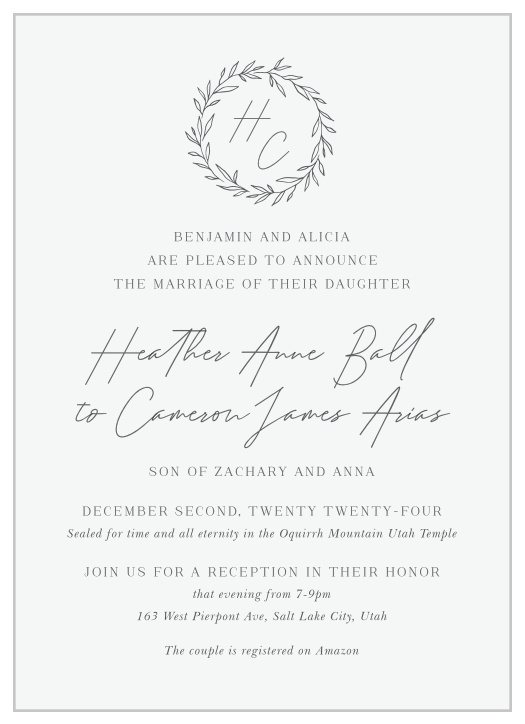 Gather loved ones together to celebrate your special day with our Leafy Monogram LDS Wedding Invitations.