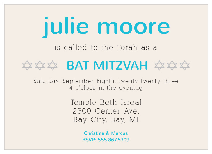 This Bat Mitzvah invite is perfect for someone looking for a modern, trendy, yet still classic Bat Mitzvah invite.
