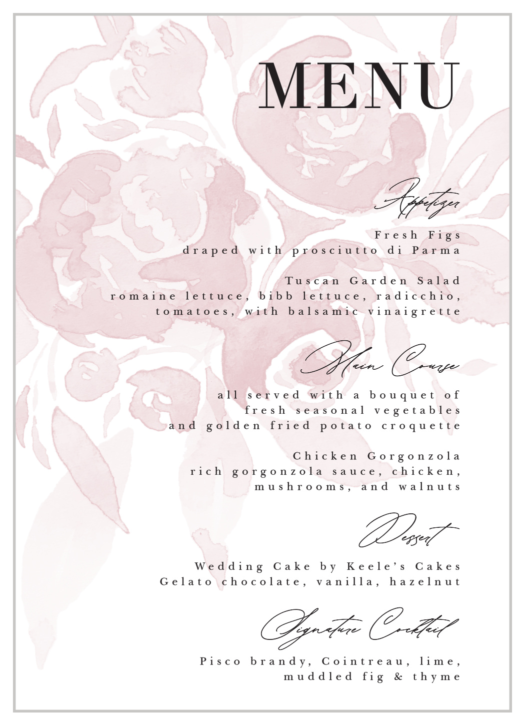 Fresh Peonies Wedding Menus