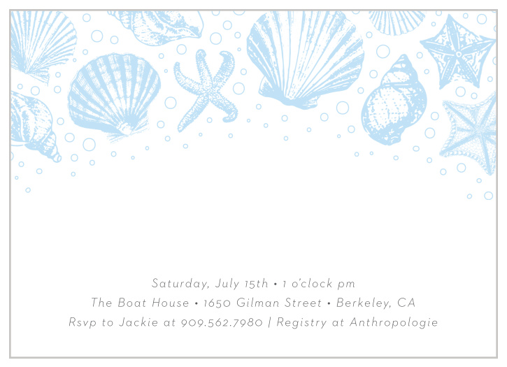 Send out this Sea Shell shower card that is truly one of a kind. Customize the colors fonts and wording in order to match your party scheme!