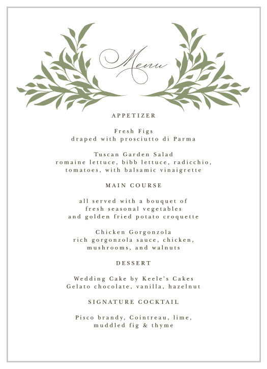 Set the mood for your reception with our Leafy Crest Wedding Menus. 