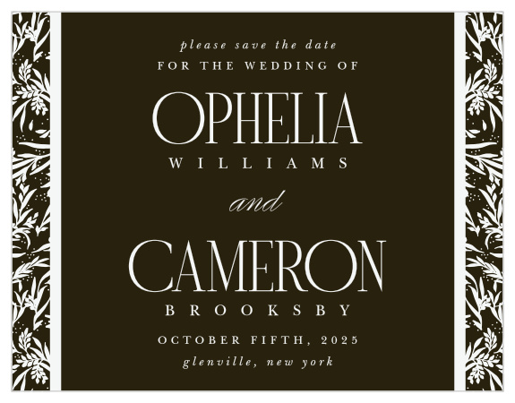 Create an atmosphere straight from a classic romance novel with our Wild Ophelia Save the Date Magnets. 