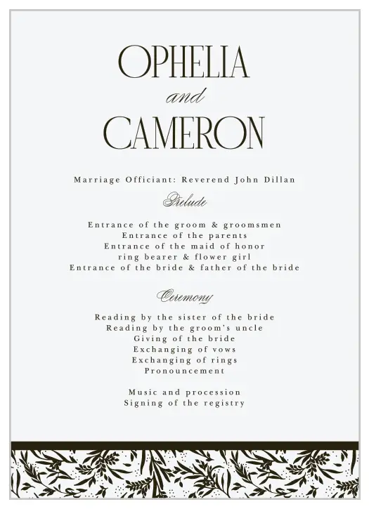 Create an atmosphere straight from a classic romance novel with our Wild Ophelia Wedding Programs. 