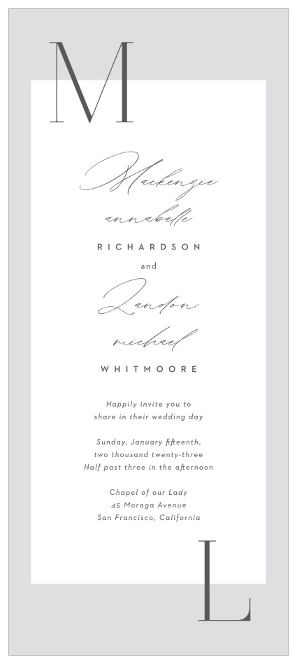 Set the stage for the perfect wedding with our Asymmetrical Initials Tea Wedding Invitations. 