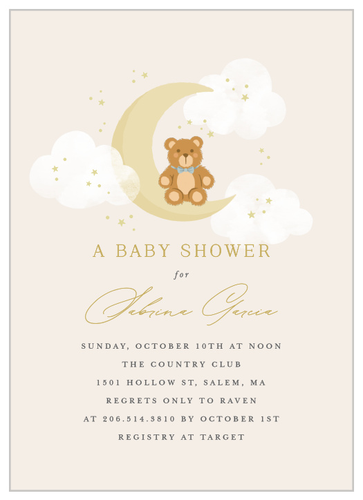 Gather family and friends together to celebrate your upcoming bundle of joy with our Moon Teddy Baby Shower Invitations.