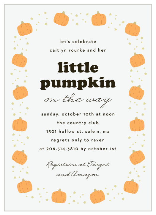 Share your happy news and celebrate with our Tiny Pumpkins Baby Shower Invitations. 