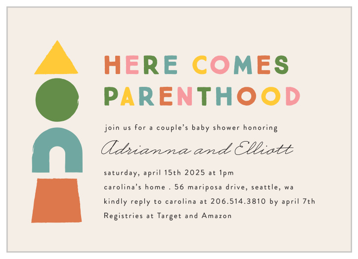 Announce the wonderful news with our Here Comes Parenthood Baby Shower Invitations. 