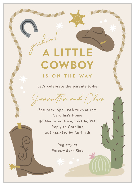 Round up your family and friends together for your little one on the way with our Baby Cowboy Baby Shower Invitations.