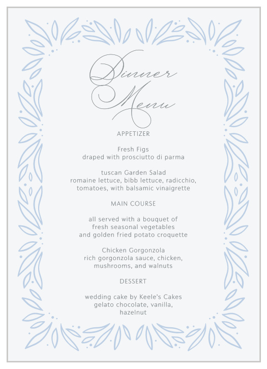 Describe each delicious dish that will be served to guests with our Bursting Frame Wedding Menus.