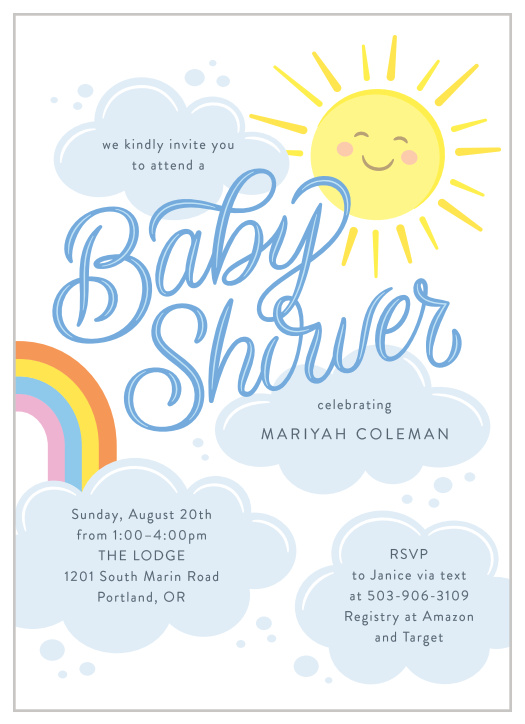 Our Sun In The Sky Baby Shower Invitations brings family and friends together to celebrate your little one on the way.